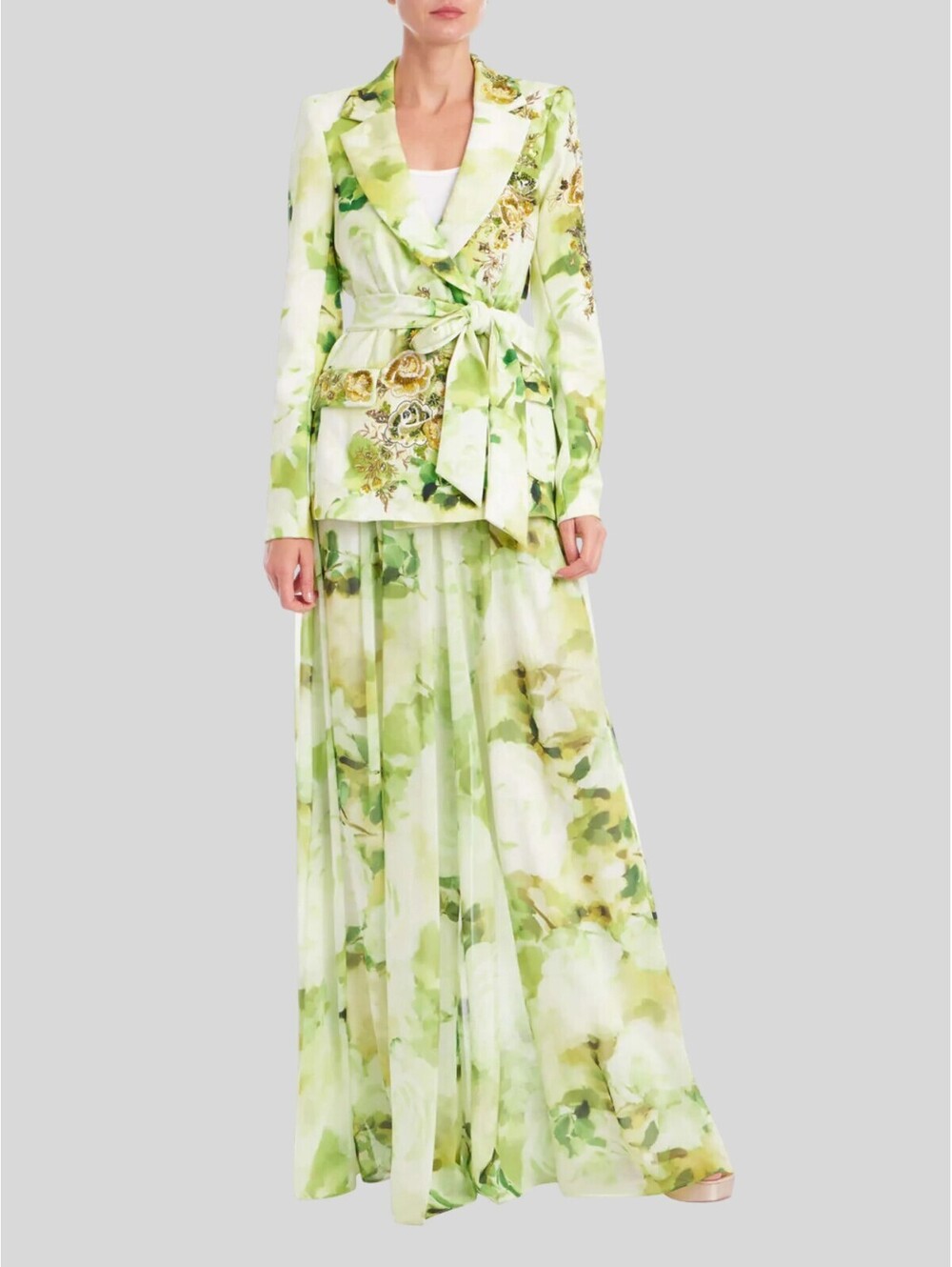 Badgley Mischka Floral Palazzo Pant Lime Multi $395 Wide Leg Silk Chiffon NWT 6